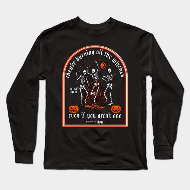 They're Burning All The Witches Halloween Skeleton Dancing Long Sleeve T-Shirt by masterpiecesai